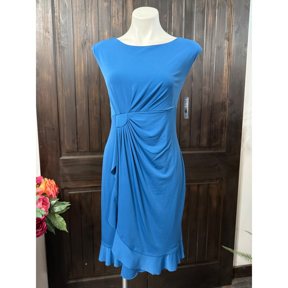AA Studio AA Womens Blue Ruched Ruffle Hem Sleeveless Sheath Dress Size 14 NWT